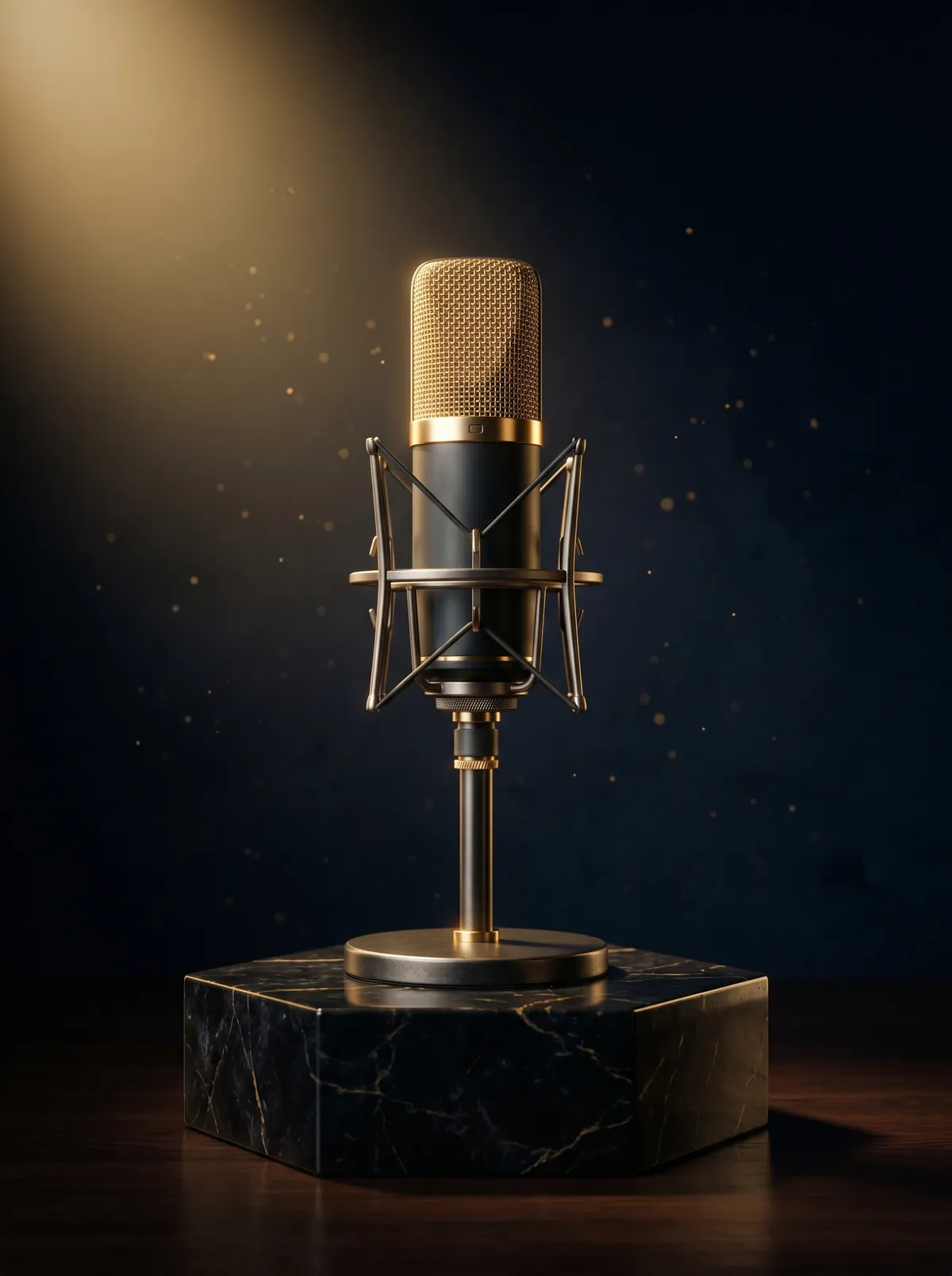 A gold studio microphone on a marble plinth